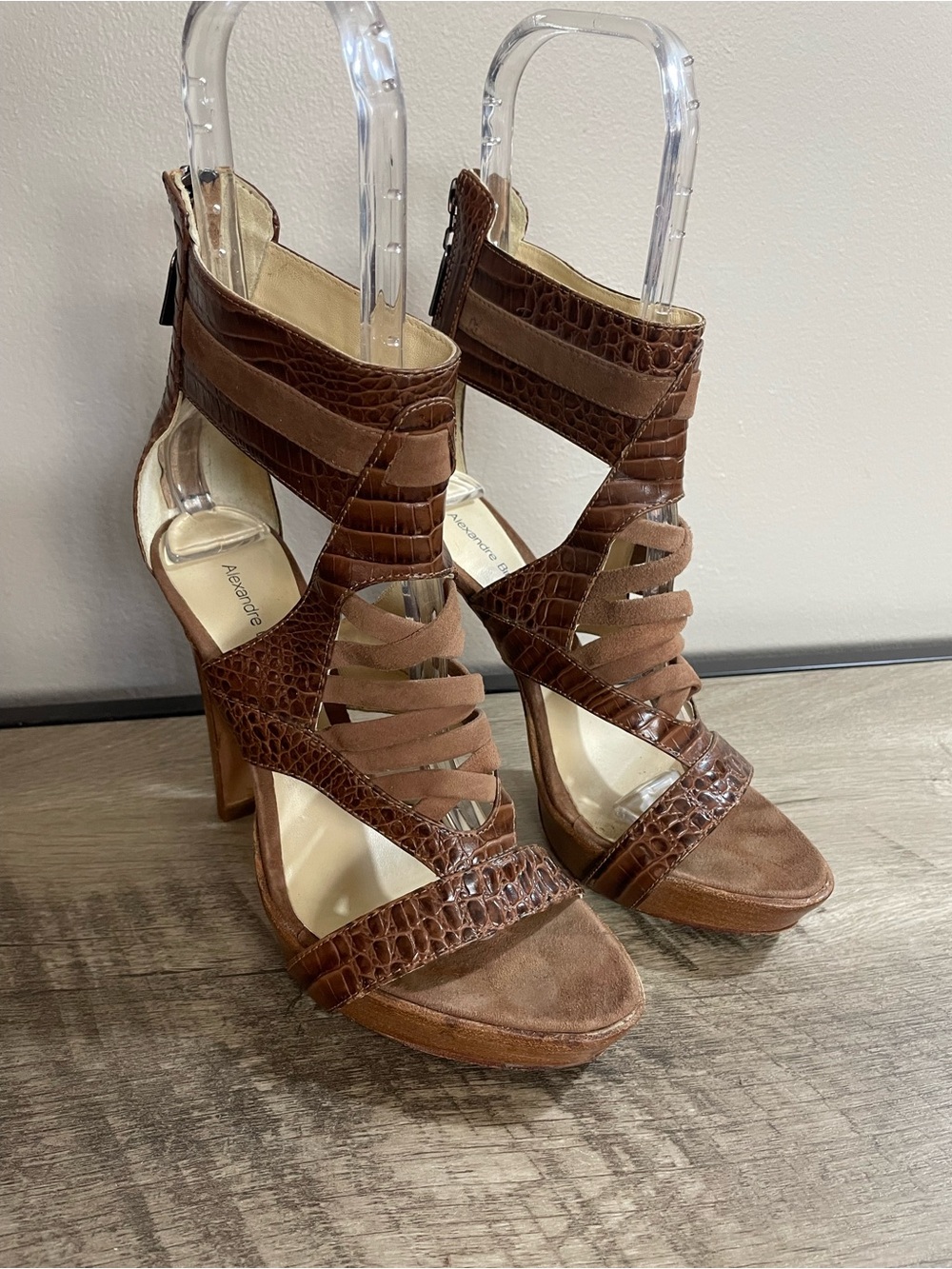 Women's ALEXANDRE BIRMAN Brown MOC CROC Leather STRAPPY Caged HIGH Heel SHOES  7
